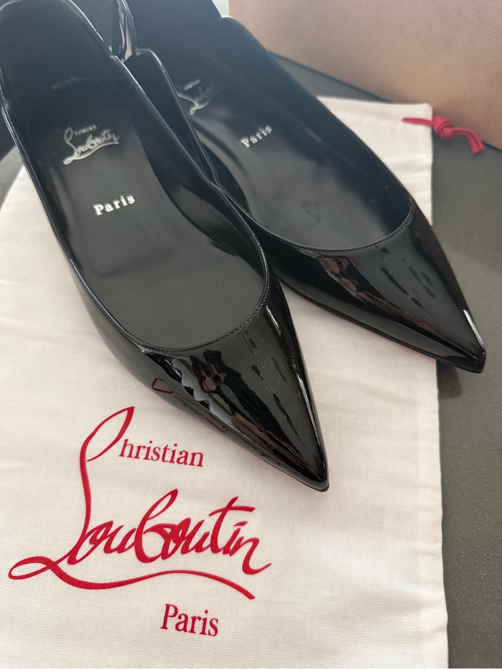 Christian Louboutin Women’s Black Patent Pointed-Toe Flats - Hot Chickita